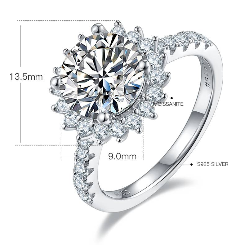 太阳花S925银镀白金MoissaniteWomen's Ring3.0ctD级