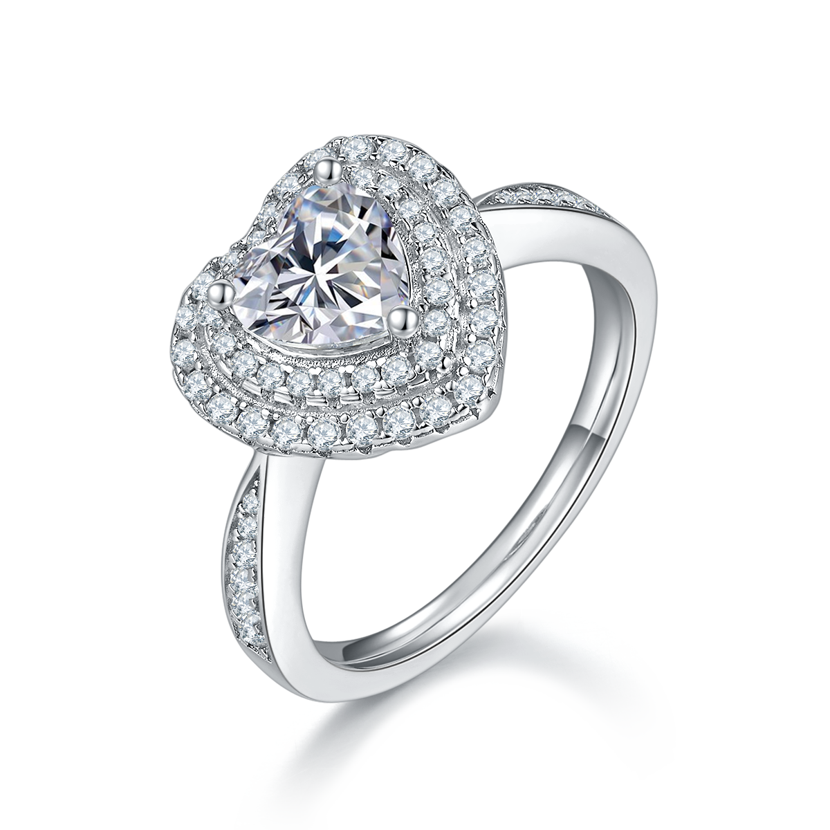 Exquisite heart-shaped S925 silver plated white gold moissanite diamond women's ring 2.0 carats D-grade