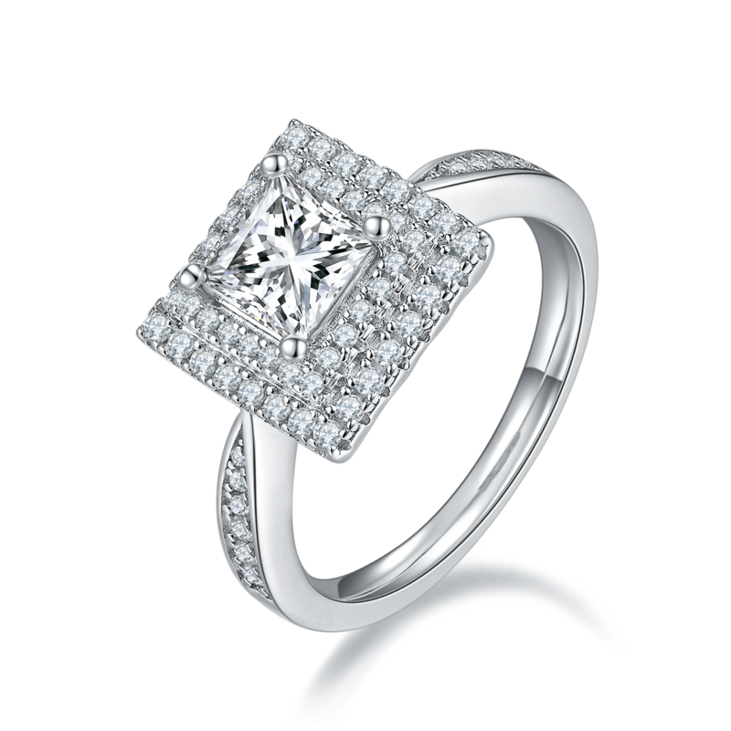 豪镶正方形S925银镀白金MoissaniteWomen's Ring1.0ctD级