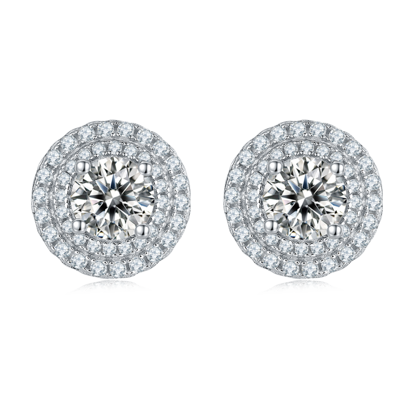 豪镶圆形S925银镀白金MoissanitePendantStud Earring套装
