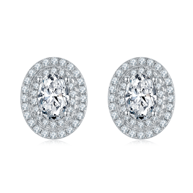 豪镶蛋形S925银镀白金MoissanitePendantStud Earring套装