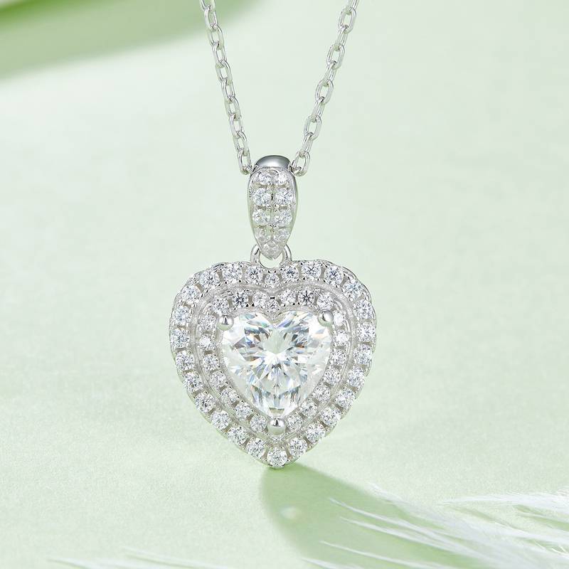 豪镶心形S925银镀白金MoissanitePendantStud Earring套装