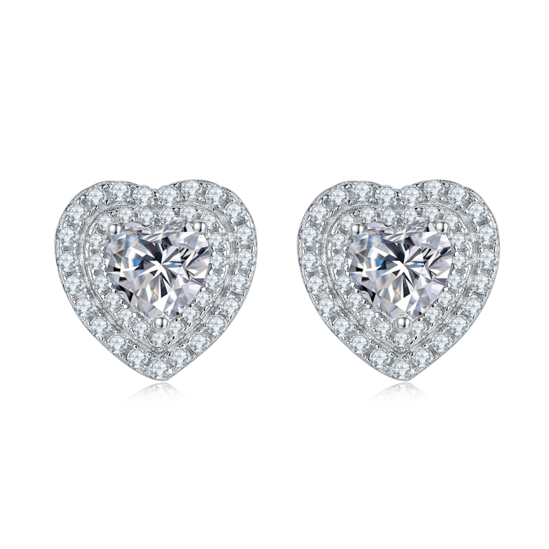 豪镶心形S925银镀白金MoissanitePendantStud Earring套装
