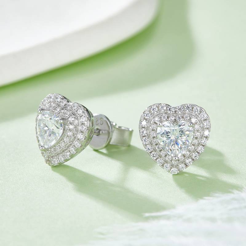 豪镶心形S925银镀白金MoissanitePendantStud Earring套装