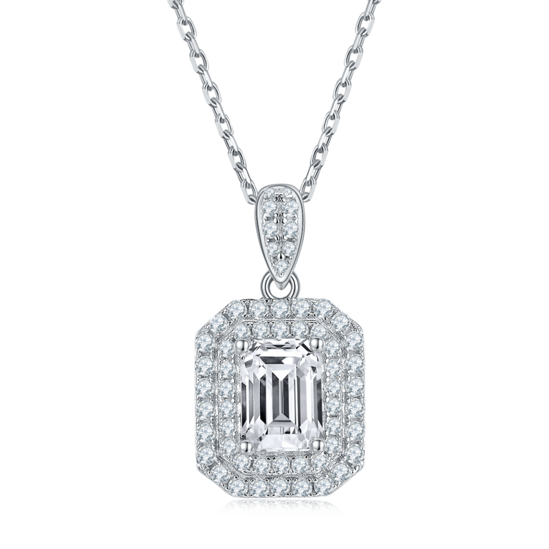 豪镶长方形S925银镀白金MoissanitePendantStud Earring套装