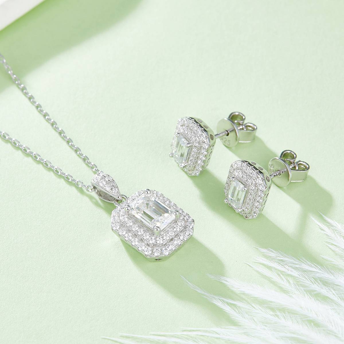 Exquisite rectangular S925 silver plated white gold moissanite diamond pendant earring set