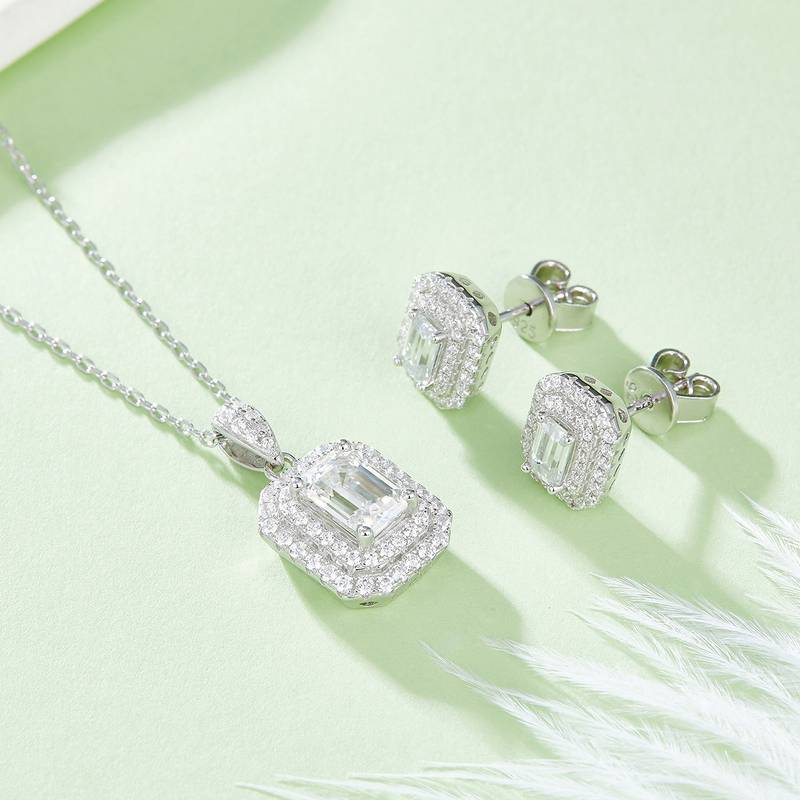 豪镶长方形S925银镀白金MoissanitePendantStud Earring套装
