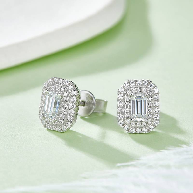 豪镶长方形S925银镀白金MoissanitePendantStud Earring套装