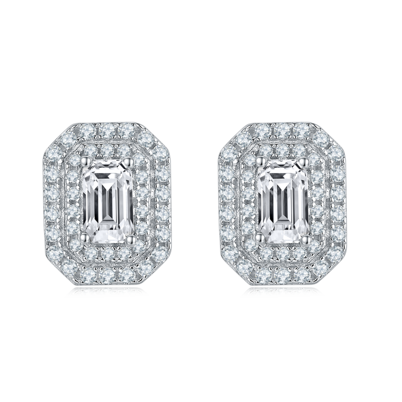 豪镶长方形S925银镀白金MoissanitePendantStud Earring套装
