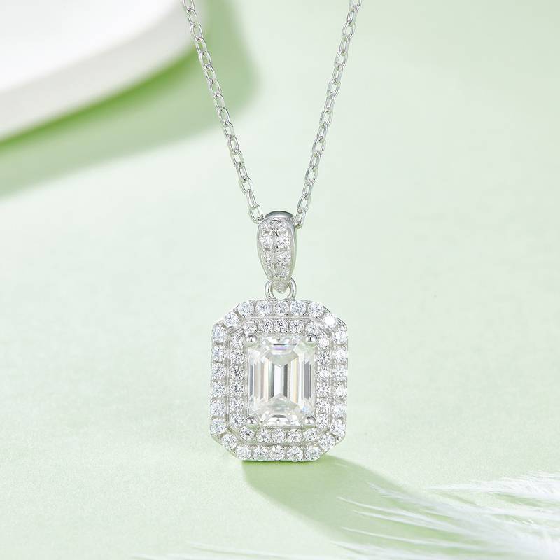 豪镶长方形S925银镀白金MoissanitePendantStud Earring套装