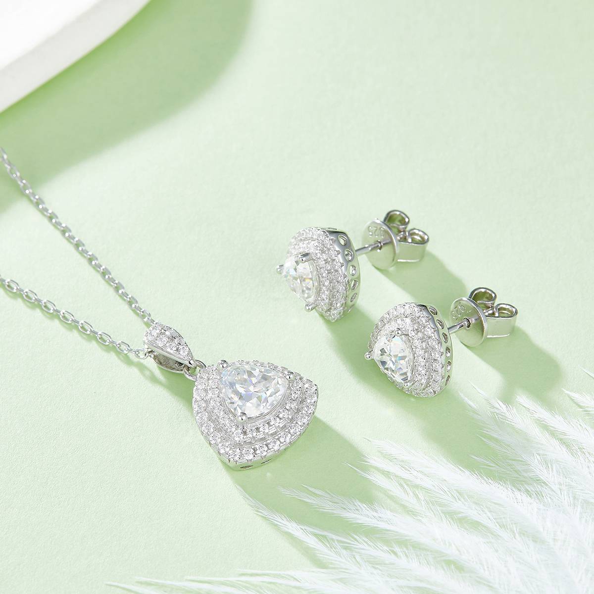 Deluxe triangle S925 silver plated platinum Moissanite diamond pendant earring set
