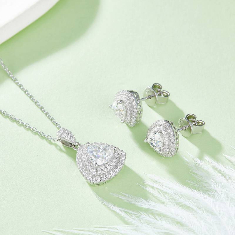 豪镶三角形S925银镀白金MoissanitePendantStud Earring套装