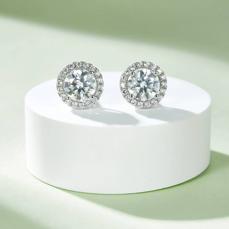 豪华圆包S925银镀白金MoissanitePendantStud Earring套装