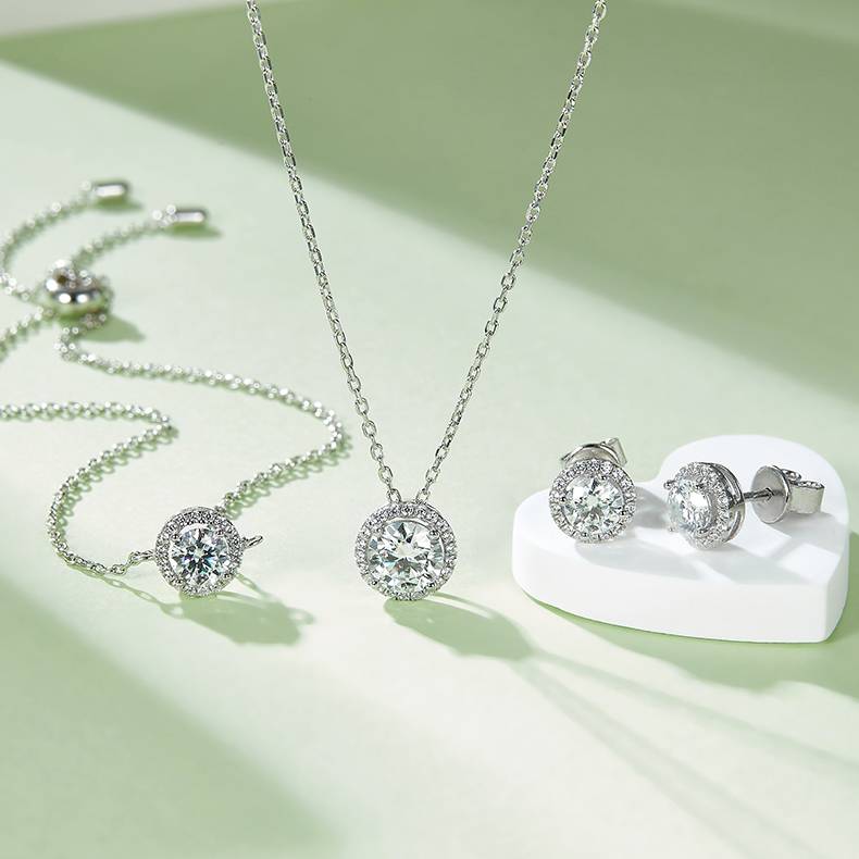 豪华圆包S925银镀白金MoissanitePendantStud Earring套装