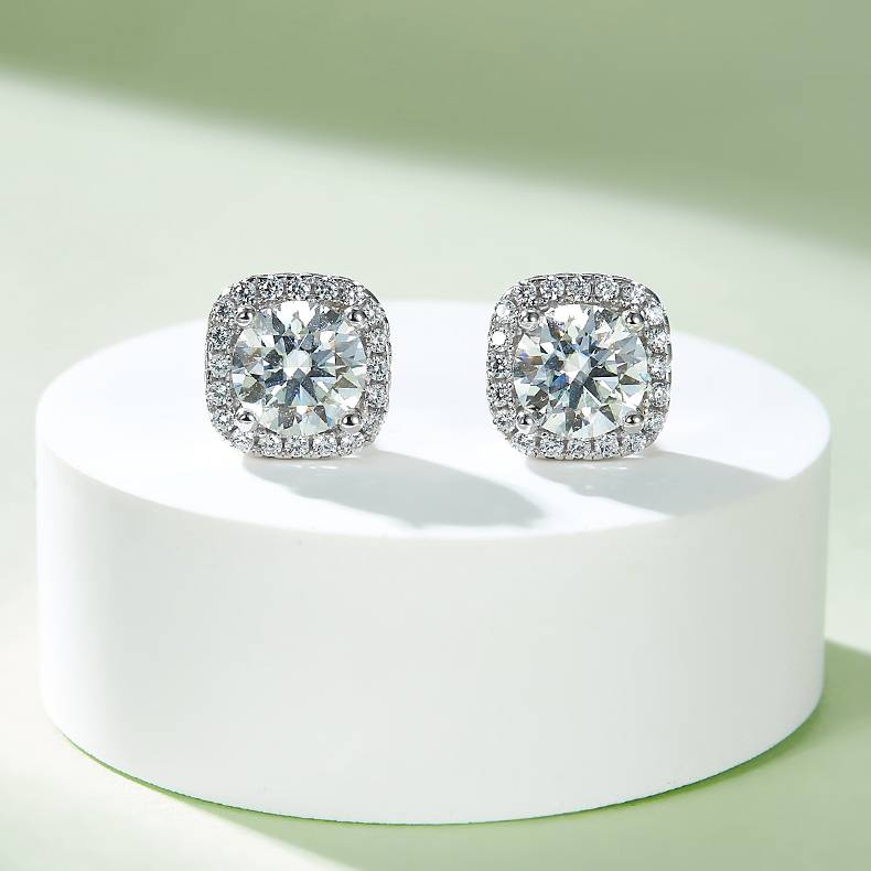 豪华方包S925银镀白金MoissanitePendantStud Earring套装