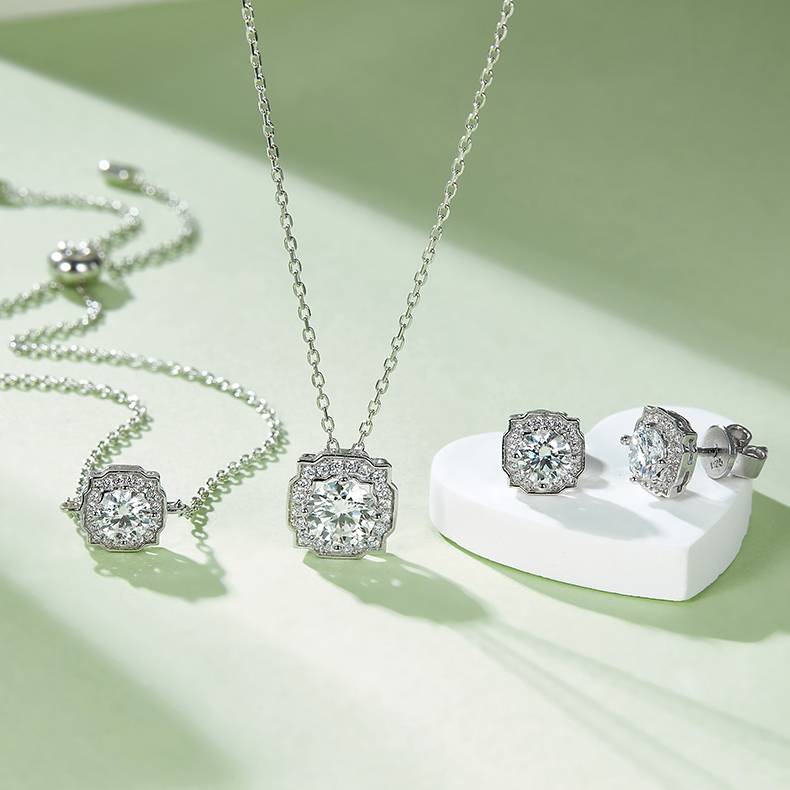 Classic海瑞S925银镀白金MoissanitePendantStud Earring套装