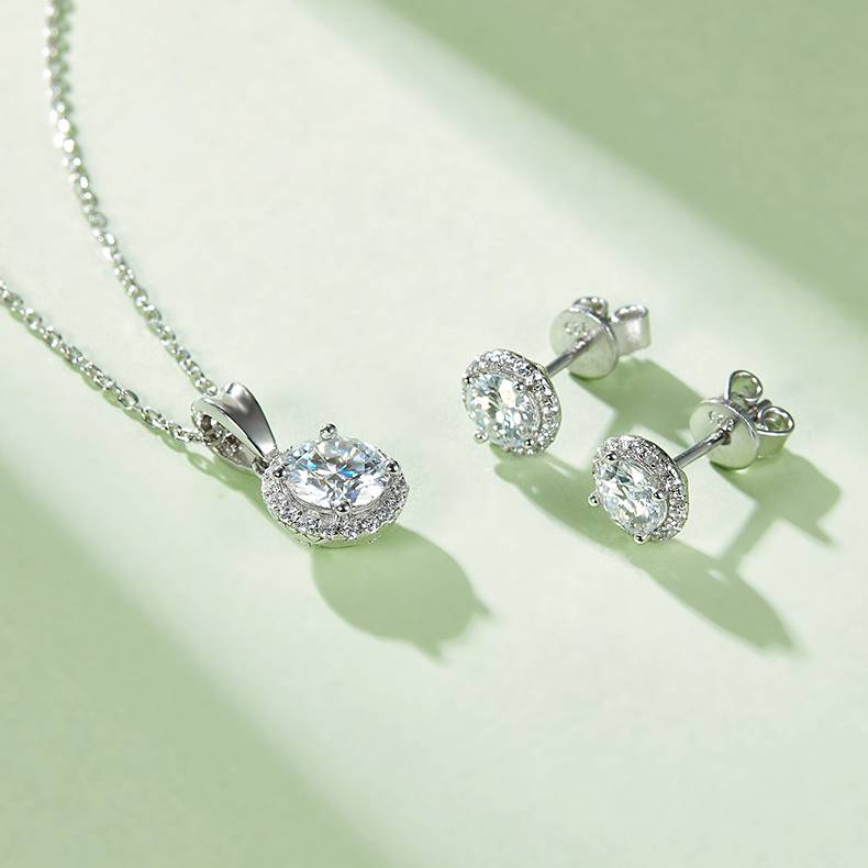 Classic圆包S925银镀白金MoissanitePendantStud Earring套装