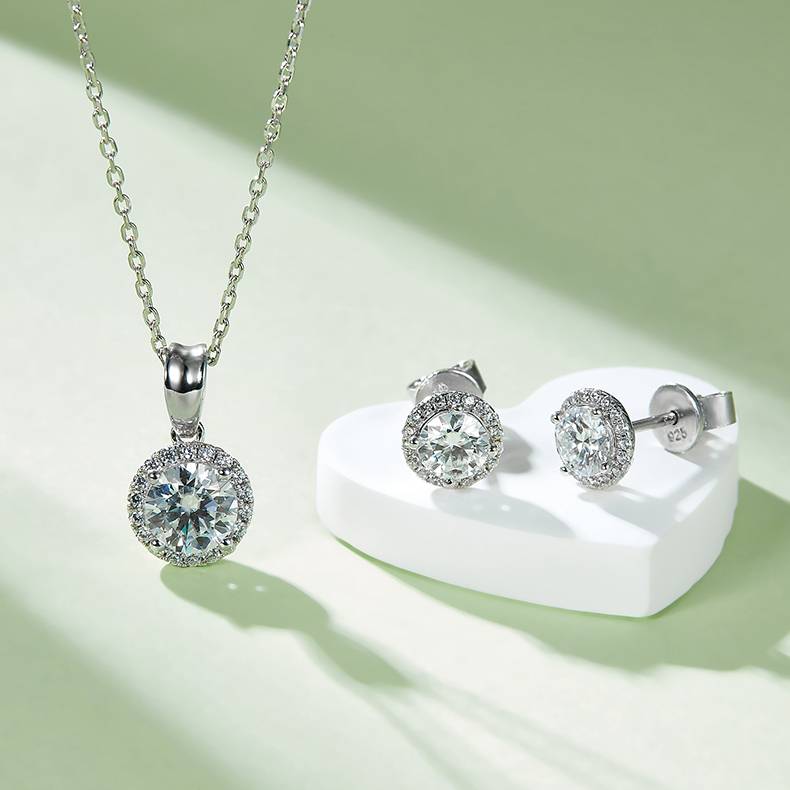Classic圆包S925银镀白金MoissanitePendantStud Earring套装