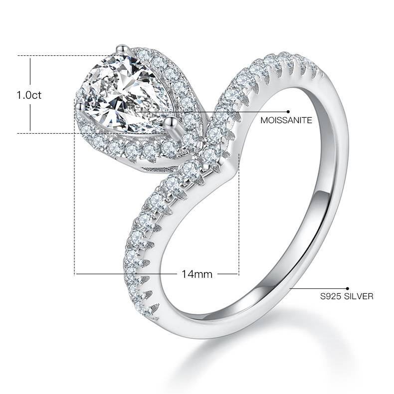 V-shaped minimalist water droplet S925 silver plated platinum colored moissanite diamond women's ring 1 carat D-grade