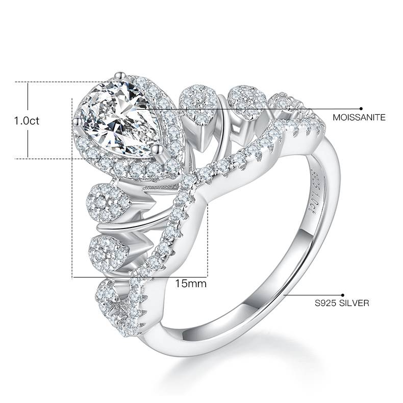 V字皇后水滴S925银镀白金彩色MoissaniteWomen's Ring1ctD级