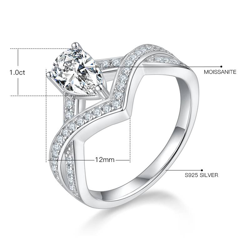 V字锁爱水滴S925银镀白金彩色MoissaniteWomen's Ring1ctD级