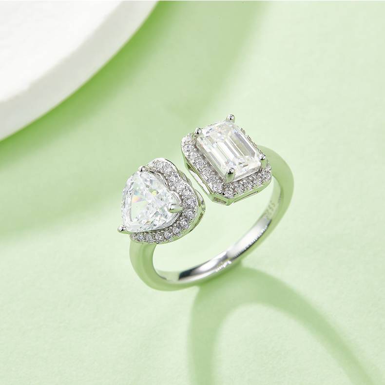 Heart Ice Flower Cut AND Rectangular Moissanite 925 Silver Plated Platinum Women's Ring 1 Carat D-Class