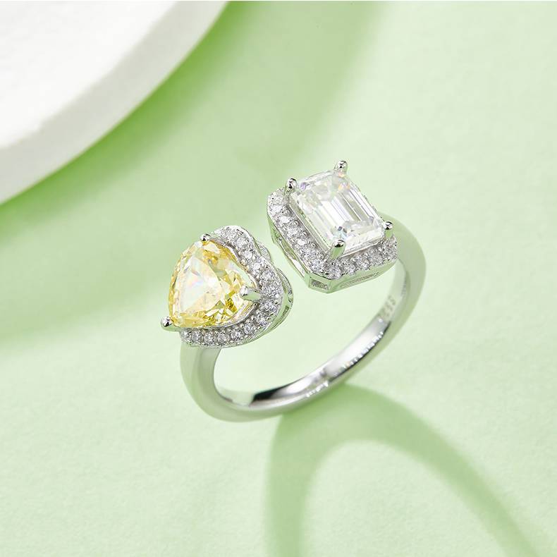 心形冰花切AND长方MoissaniteS925银镀白金Women's Ring1ctD级