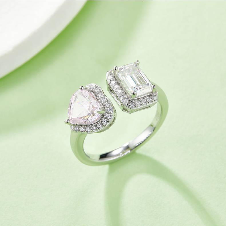 Heart Ice Flower Cut AND Rectangular Moissanite 925 Silver Plated Platinum Women's Ring 1 Carat D-Class