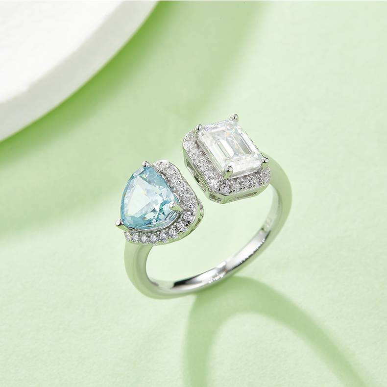 心形冰花切AND长方MoissaniteS925银镀白金Women's Ring1ctD级