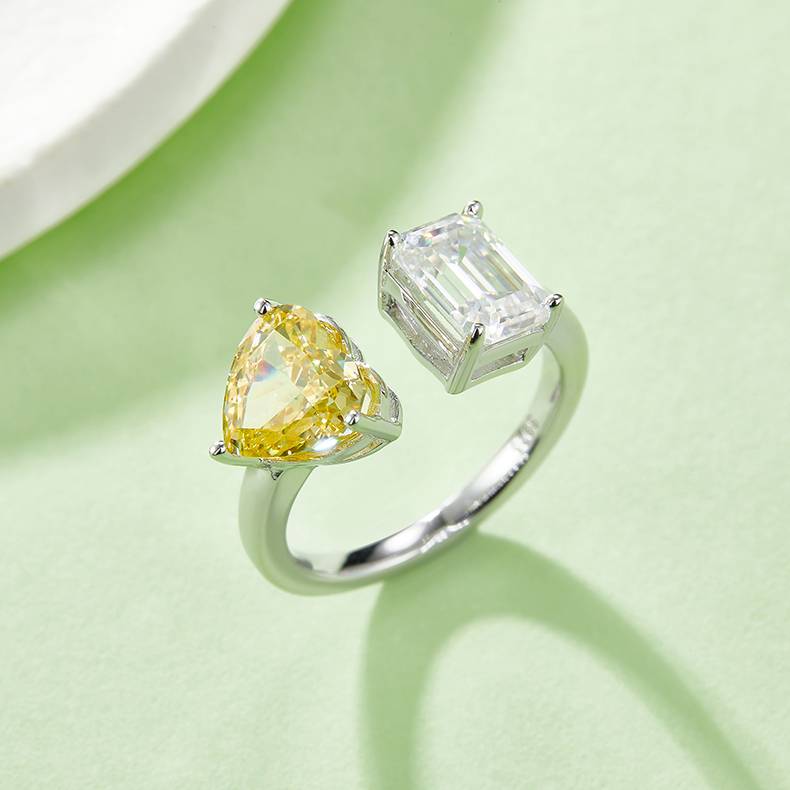 心形冰花切AND长方MoissaniteS925银镀白金Women's Ring2ctD级