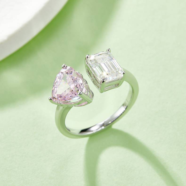 Heart Ice Flower Cut AND Rectangular Moissanite 925 Silver Plated Platinum Women's Ring 2 Carat D-Class