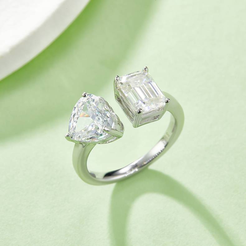 心形冰花切AND长方MoissaniteS925银镀白金Women's Ring2ctD级