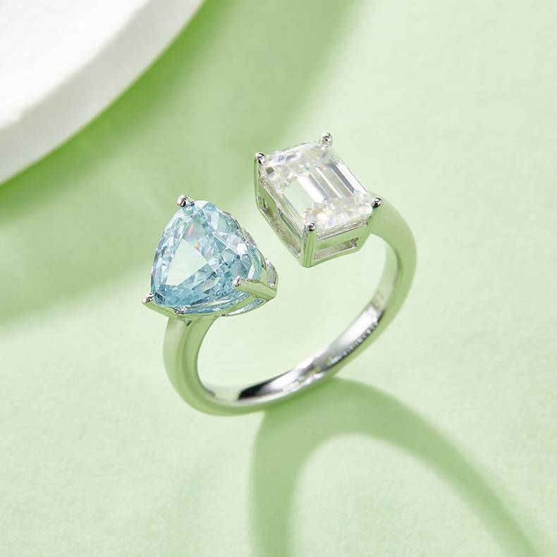 心形冰花切AND长方MoissaniteS925银镀白金Women's Ring2ctD级