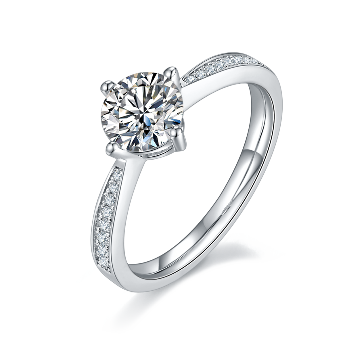 Straight arm micro inlaid four claw S925 silver plated platinum Moissanite women's ring 1 carat D-grade