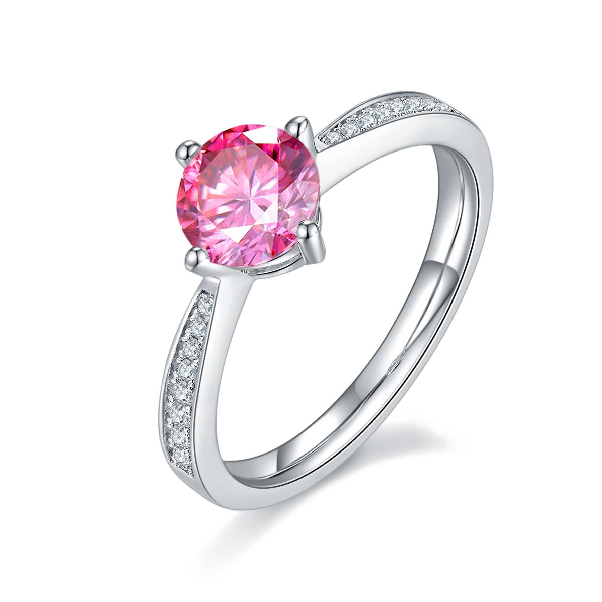 Straight arm micro inlaid four claw S925 silver plated platinum Moissanite women's ring 1 carat D-grade
