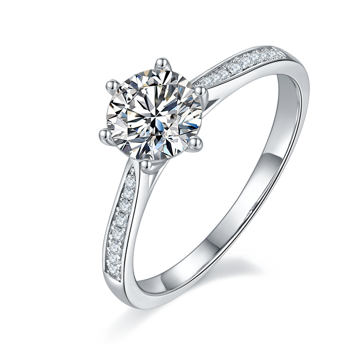 Straight arm micro inlaid six claw S925 silver plated platinum Moissanite women's ring 1 carat D-grade