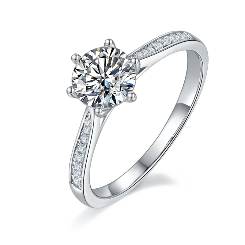 直臂微镶六爪S925银镀白金MoissaniteWomen's Ring1ctD级