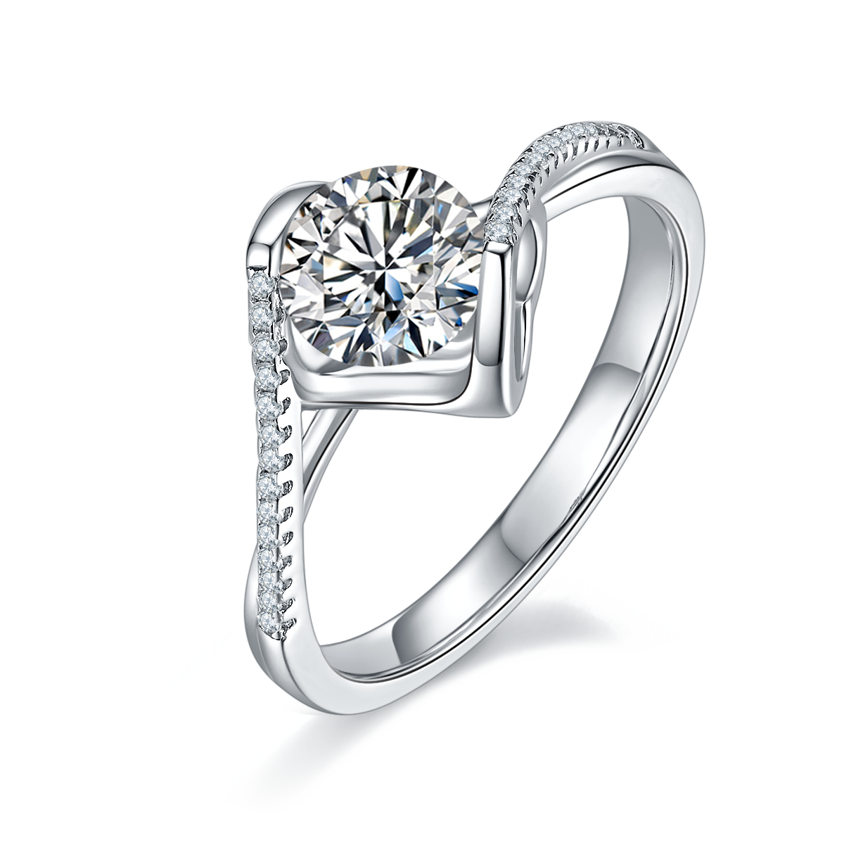 Twisted arm micro inlaid angel kiss S925 silver plated platinum Moissanite women's ring 1 carat D-grade