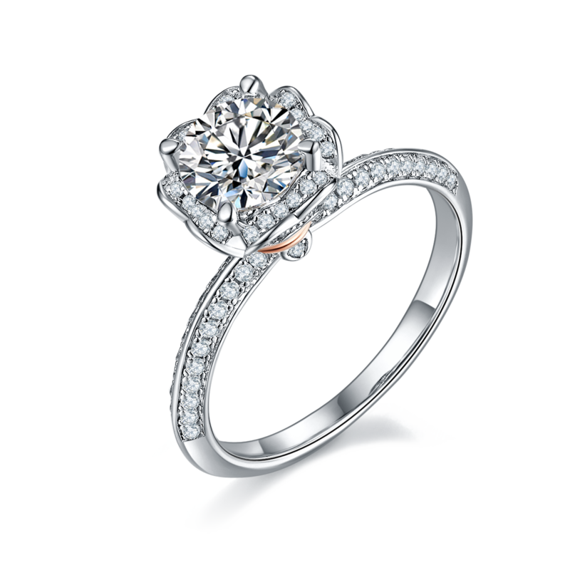 直臂豪镶爱心手捧花S925银镀白金MoissaniteWomen's Ring1ctD级