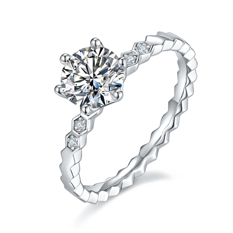 直臂微镶尚美蜂巢S925银镀白金MoissaniteWomen's Ring1ctD级