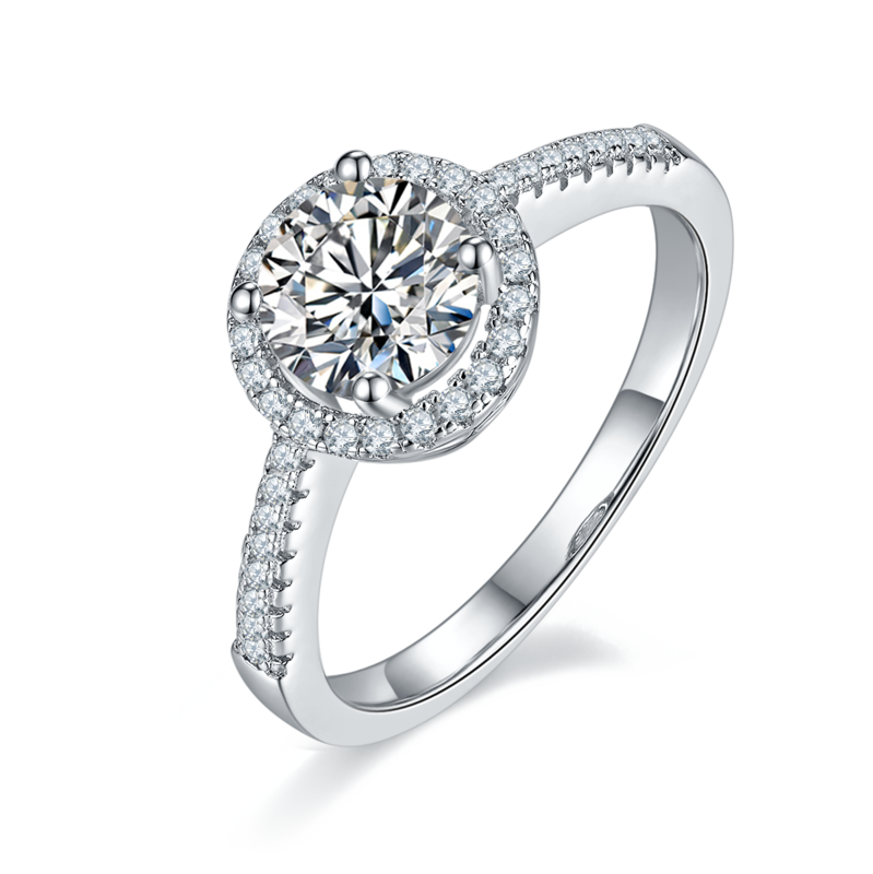 直臂豪华圆包S925银镀白金MoissaniteWomen's Ring1ctD级