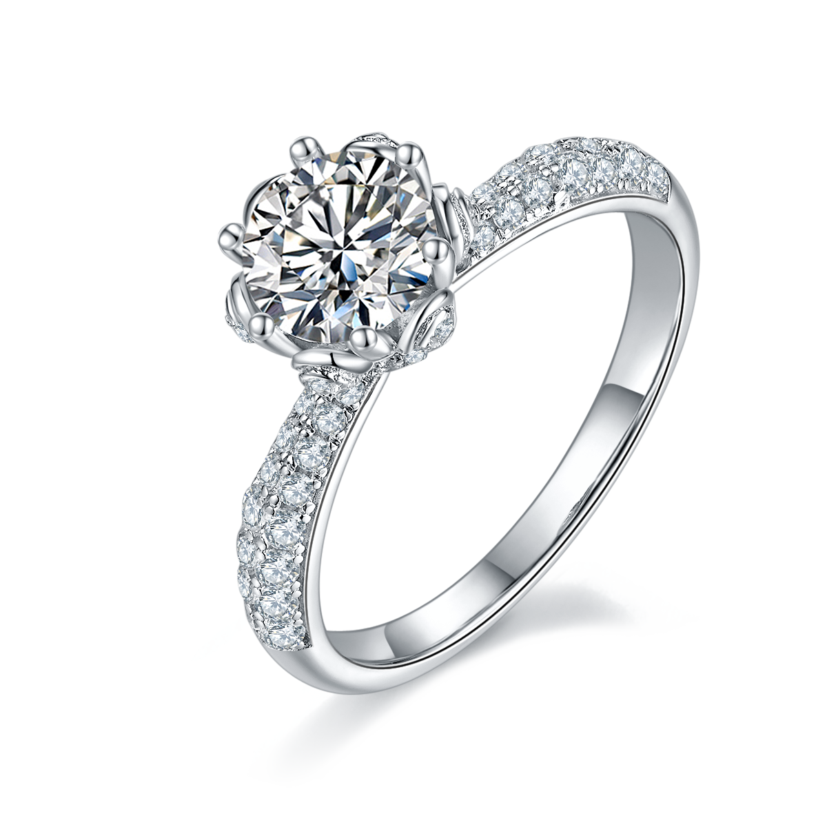 Straight arm luxury floral god S925 silver plated platinum Moissanite women's ring 1 carat D-grade
