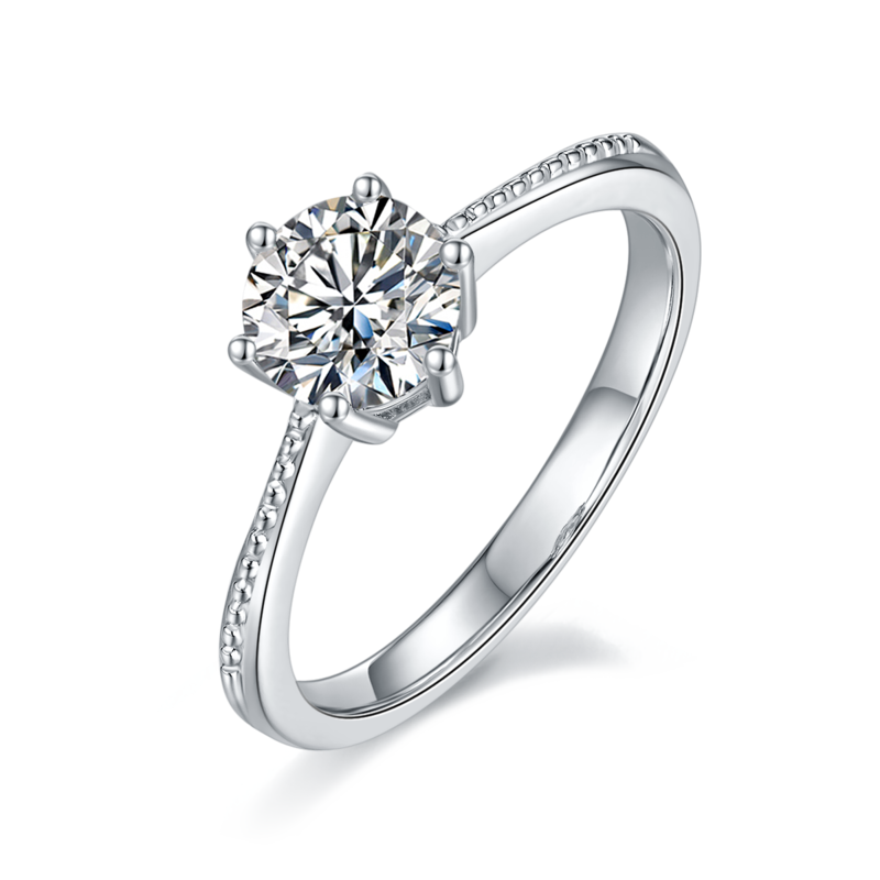 直臂珠边承诺S925银镀白金MoissaniteWomen's Ring1ctD级
