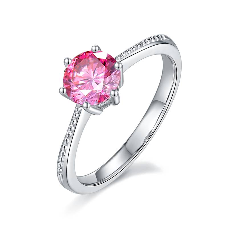 直臂珠边承诺S925银镀白金MoissaniteWomen's Ring1ctD级
