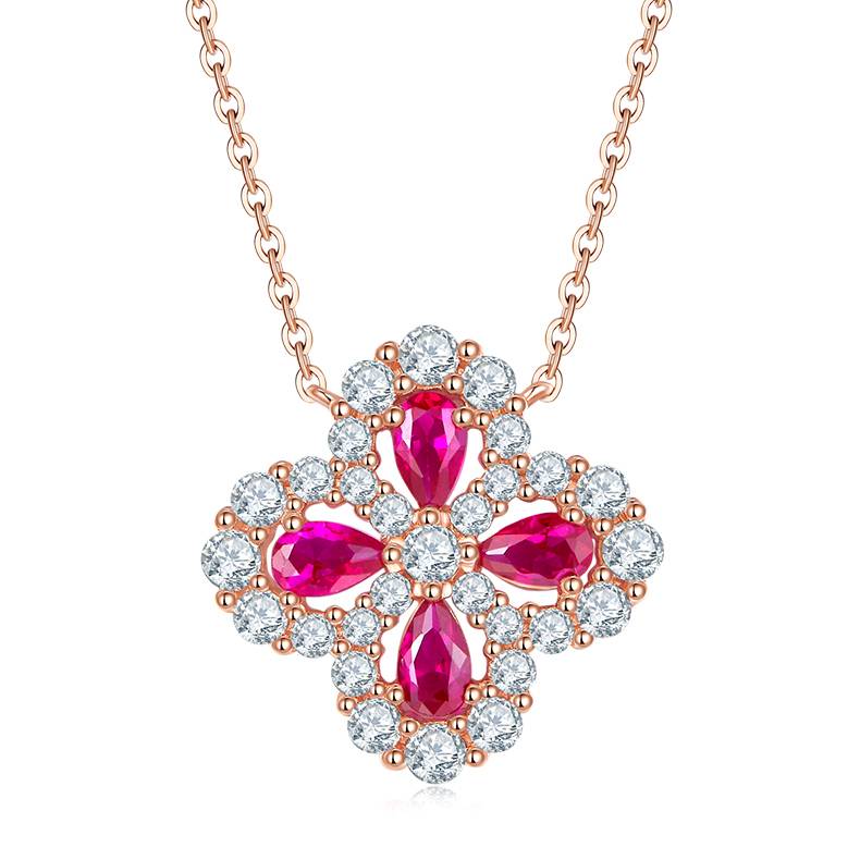 E0963/P0986 /L0962培育红宝石S925银镀玫瑰金四叶草Necklace耳环Bracelet套装