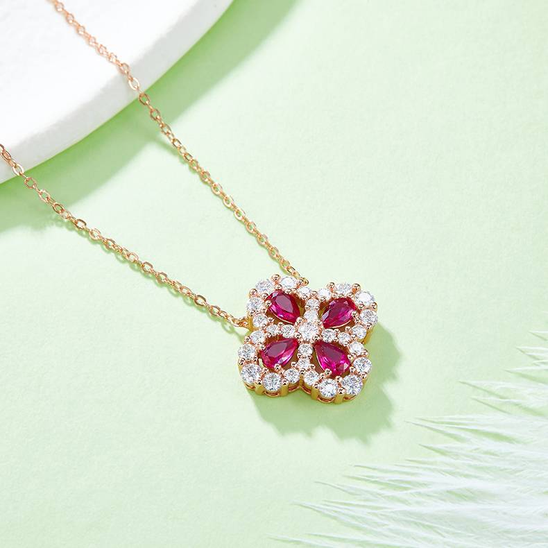 E0963/P0986 /L0962培育红宝石S925银镀玫瑰金四叶草Necklace耳环Bracelet套装
