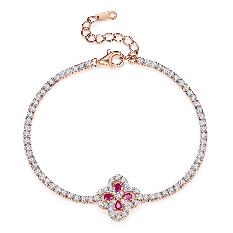 E0963/P0986 /L0962培育红宝石S925银镀玫瑰金四叶草Necklace耳环Bracelet套装