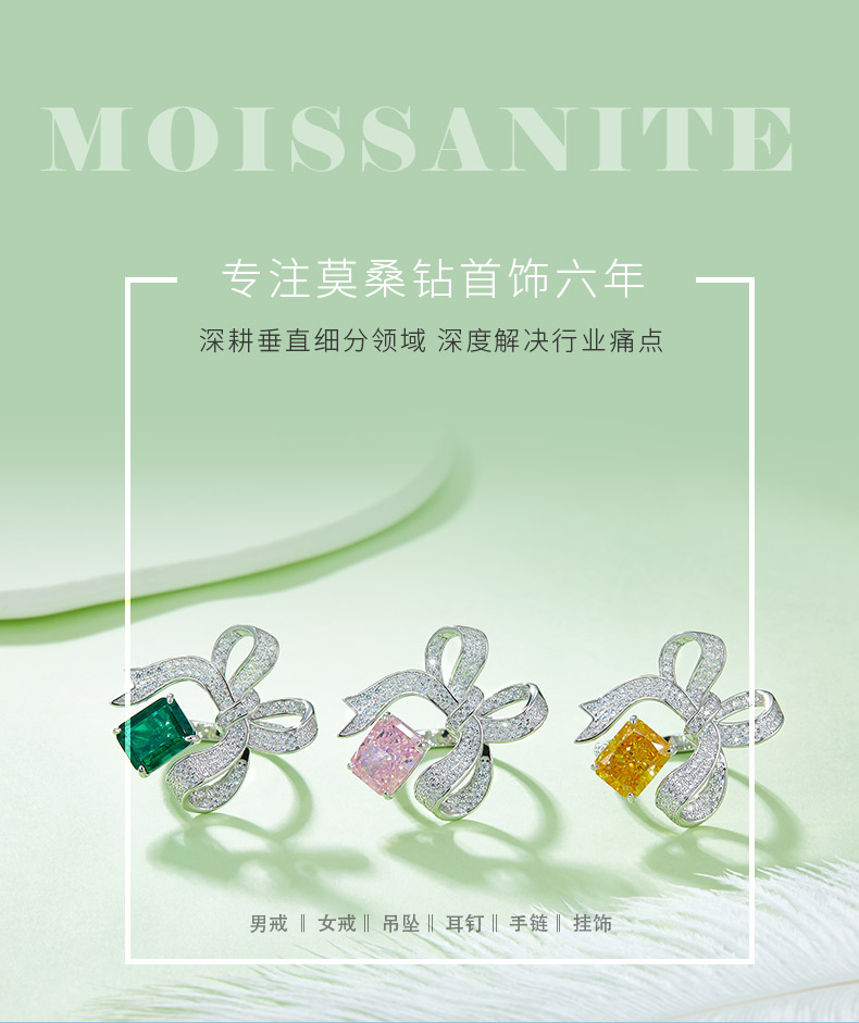 CR02291 款S925银镀18K白金长方形冰花切高碳钻/培育祖母绿开口女戒指2.68ct - 1