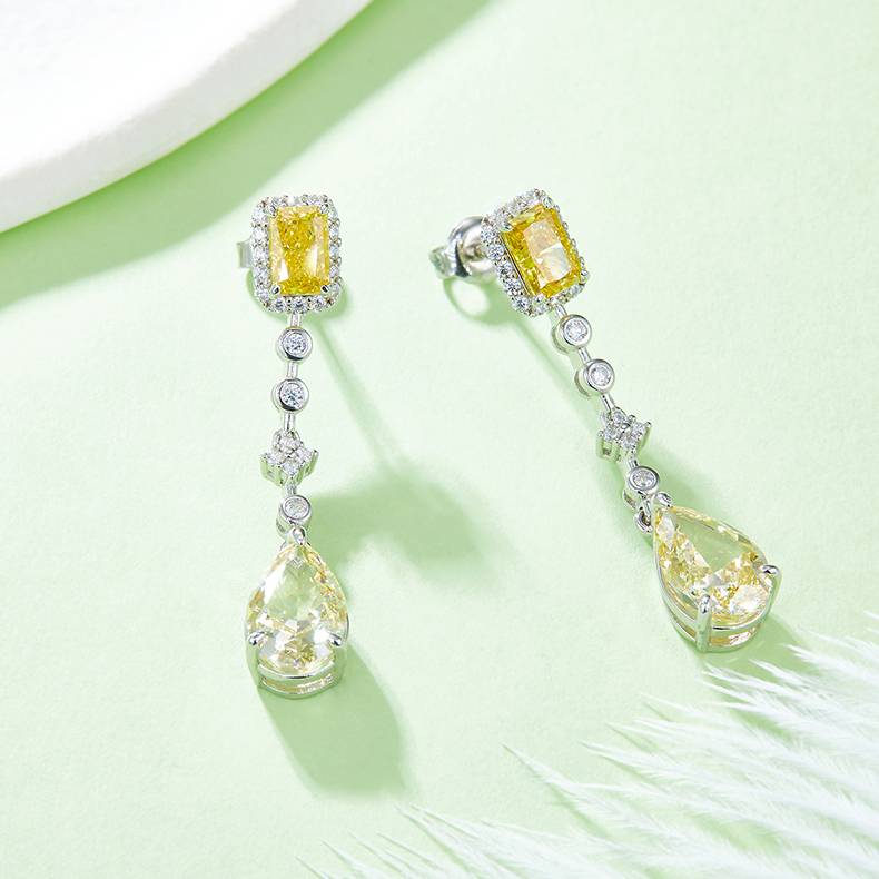 E0625 梨形+长方形高碳钻S925银镀白金耳环主石11*7mm/5.0CT