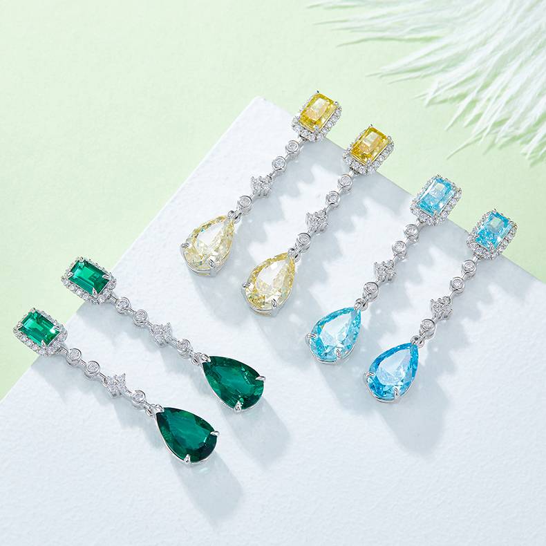 E0625 梨形+长方形高碳钻S925银镀白金耳环主石11*7mm/5.0CT